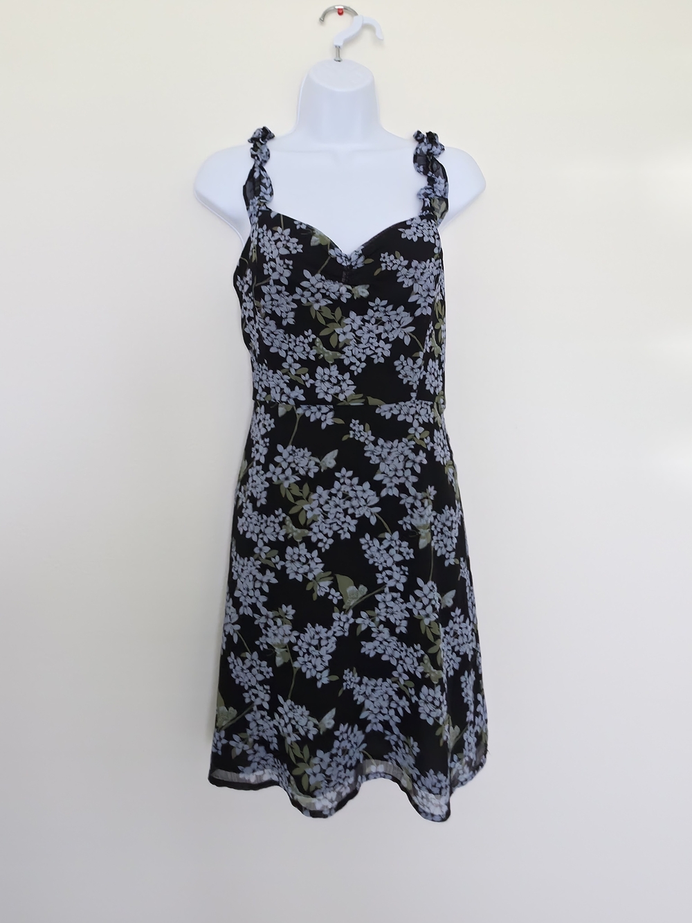 Black Floral Mini Dress with Blue Blossoms